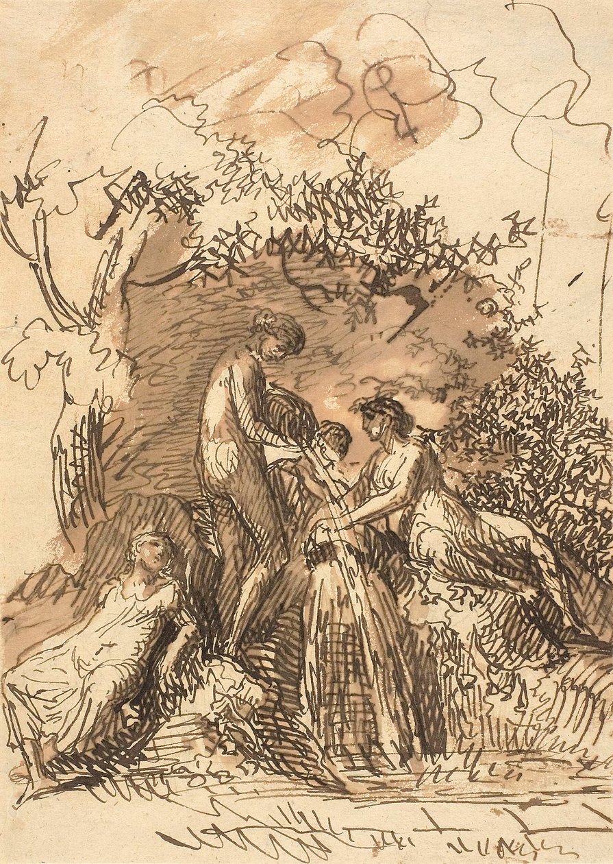 Young Girls at a Fountain (recto); Fragment of Sketch of Legs (verso) by Johann Christian Reinhart
