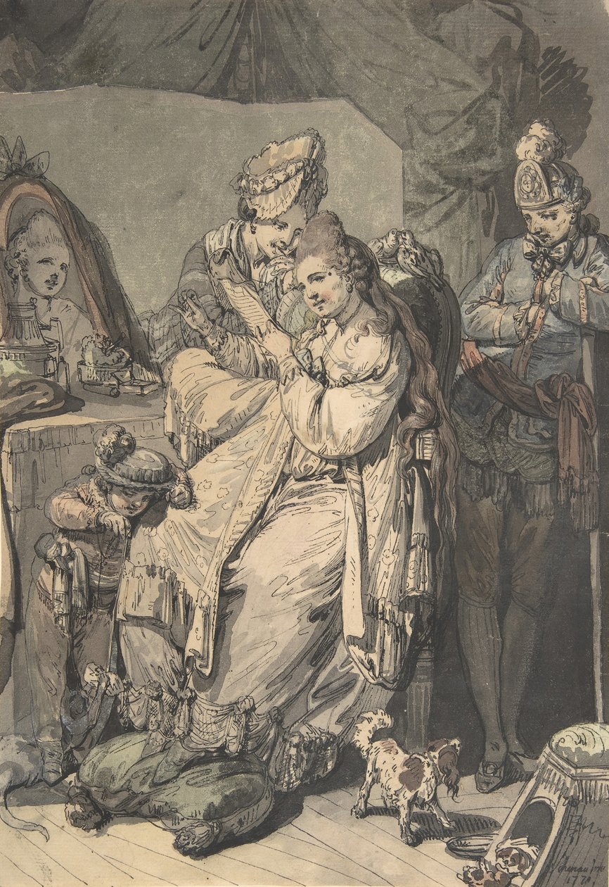 A Woman at her Toilet with a Maid, a Boy, a Dog and a Young Soldier (verso: A Sketch) by Johann Eleazar Schenau