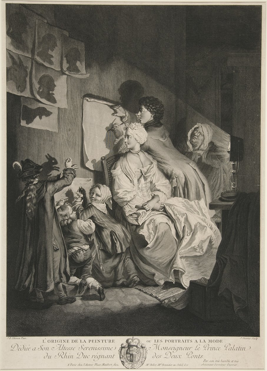 The Origin of Painting, or the Fashionable Portraits; pub. 1767 by Johann Eleazar Schenau