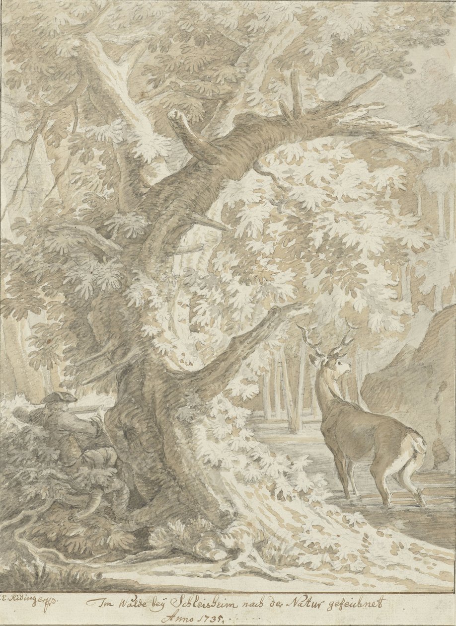 Hunter Aiming at a Red Deer in the Water Under an Old Tree by Johann Elias Ridinger