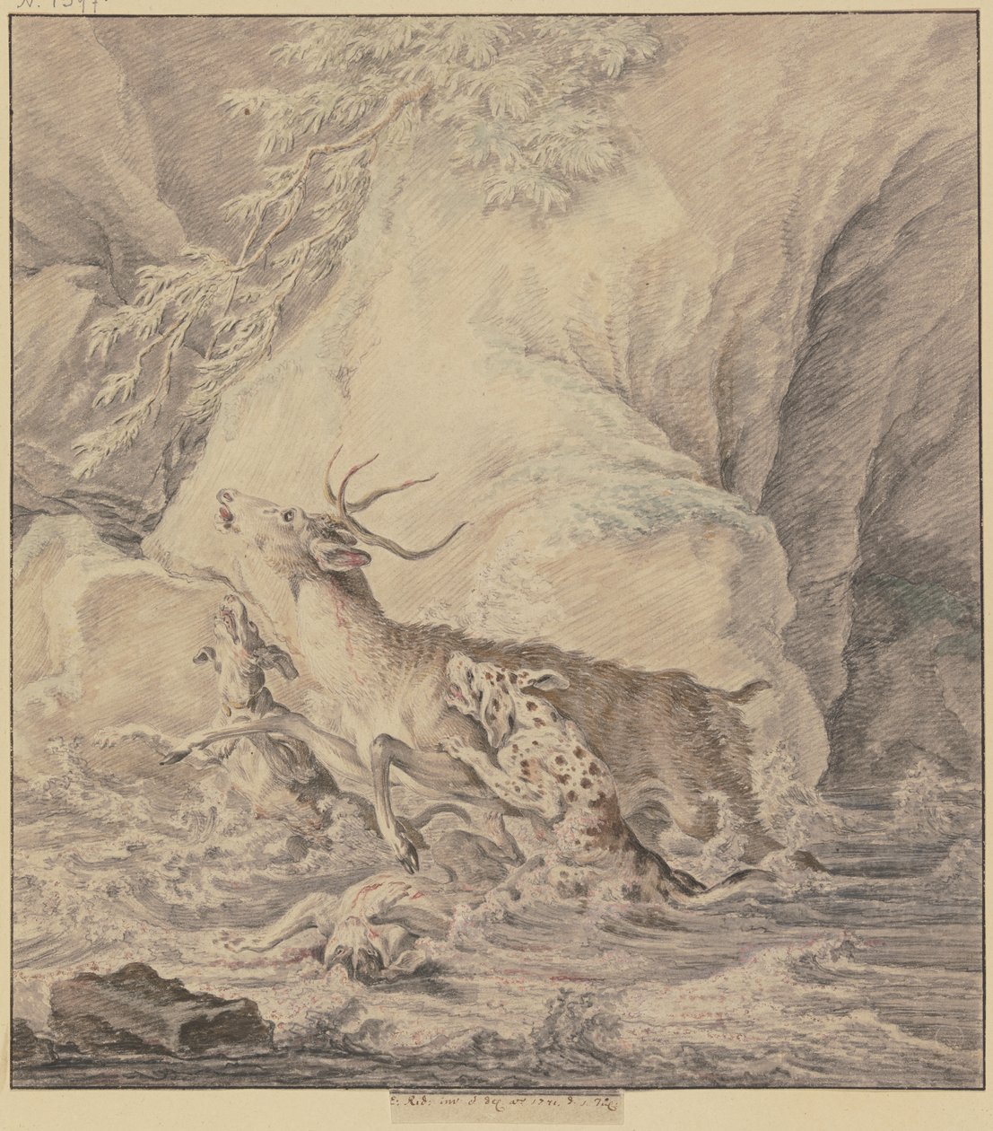 Wounded Deer, Chased Through Water by Two Dogs, a Third Dog Lies Wounded in the Water by Johann Elias Ridinger