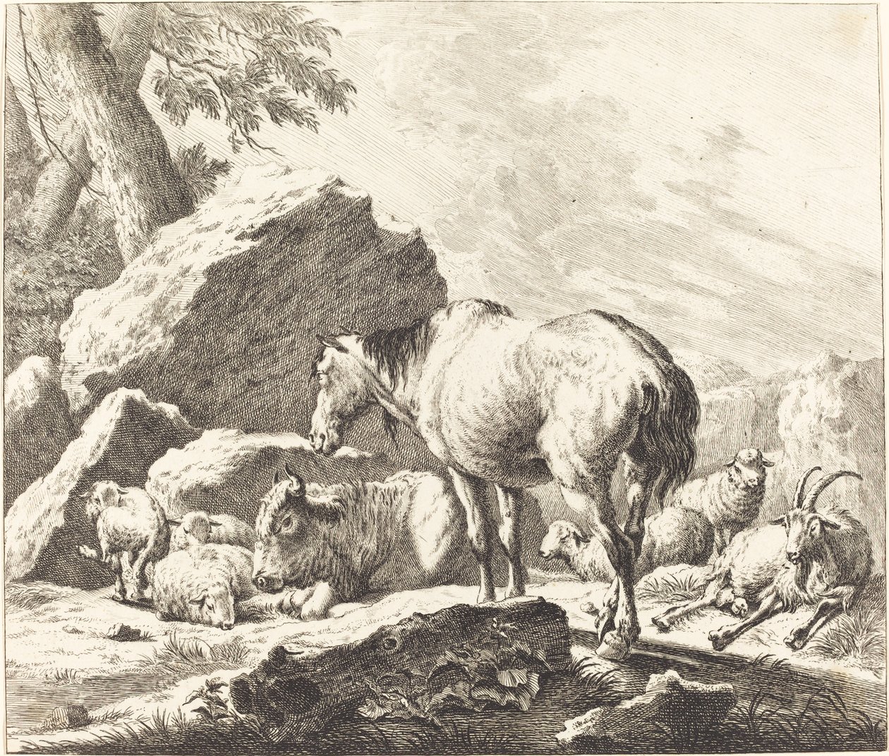 A Horse, Buffalo, Sheep, and Goat in an Italian Landscape by Johann Elias Ridinger after Johann Heinrich Roos