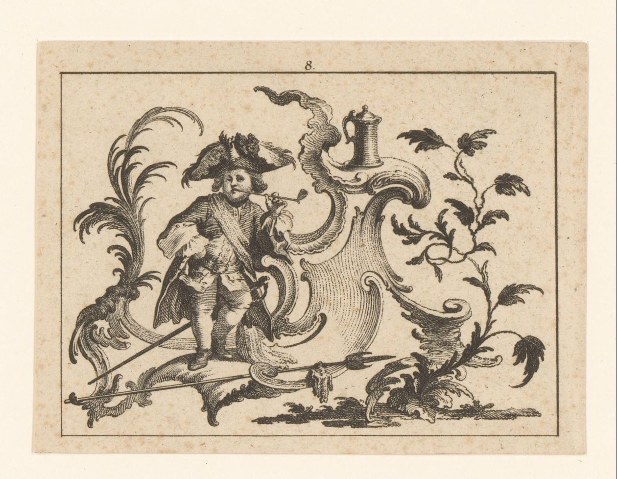Man Smoking a Pipe Leaning Against a Rococo Ornament by Johann Esaias Nilson