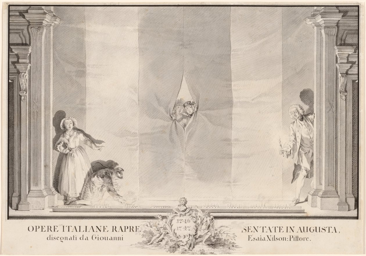 Two Actors Peeking through a Theater Curtain while Others Prepare the Footlights by Johann Esaias Nilson