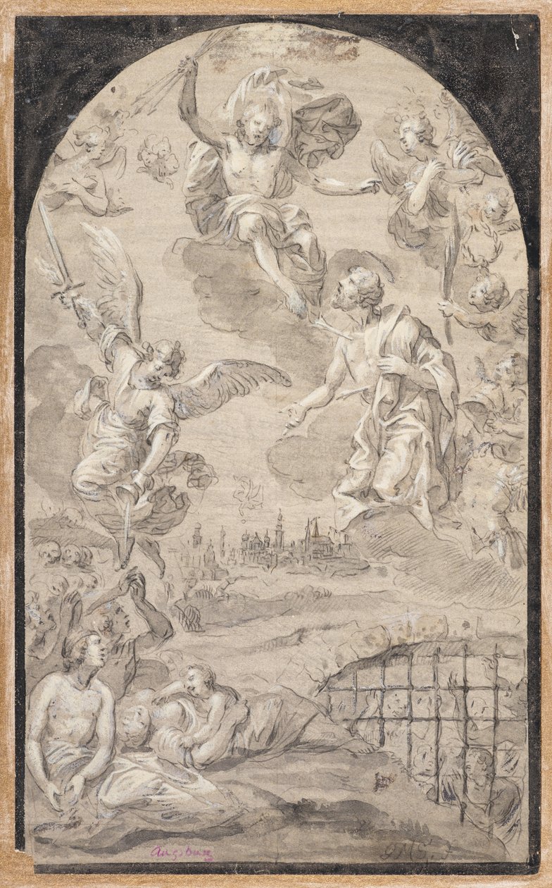 Saint interceding with Christ not to hurl the thunderbolt on the city of Augsburg by Johann Georg Melchior (1625 1705) Schmittner