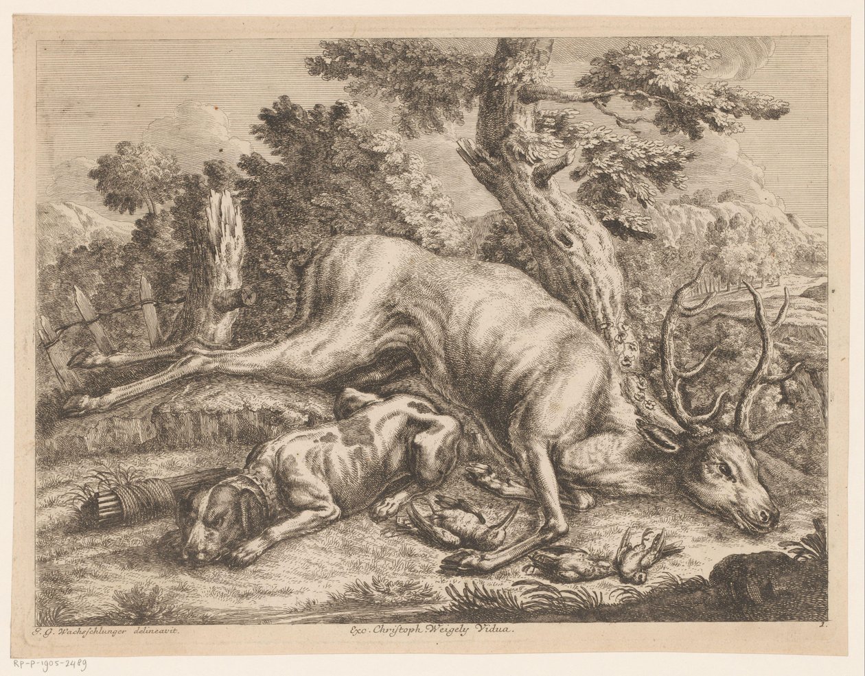 Hunting Dog and Game with Deer and Birds (Hunting Game) by Johann Georg Wachsschlunger