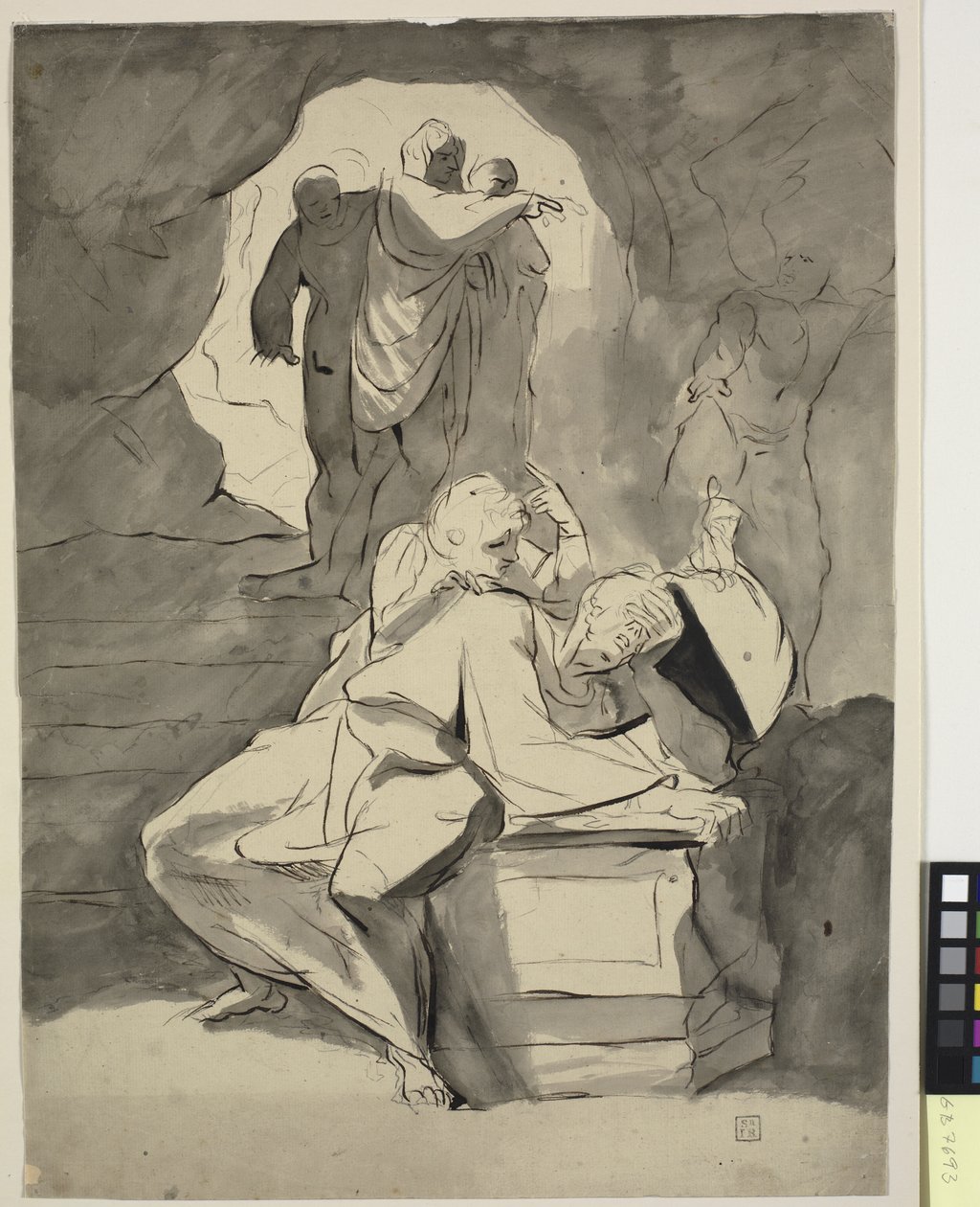 A Man in Despair Over a Tombstone in a Cave with Other Figures by Johann Heinrich Füssli