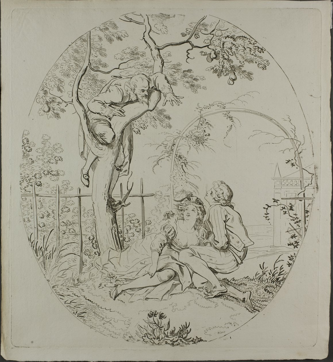 Bearded Man Spying on Lovers Under an Arbor by Johann Heinrich Ramberg