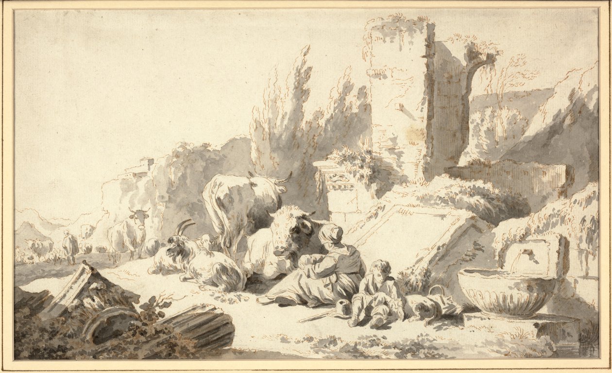A drover with his family and cattle beside classical ruins by Johann Heinrich Roos