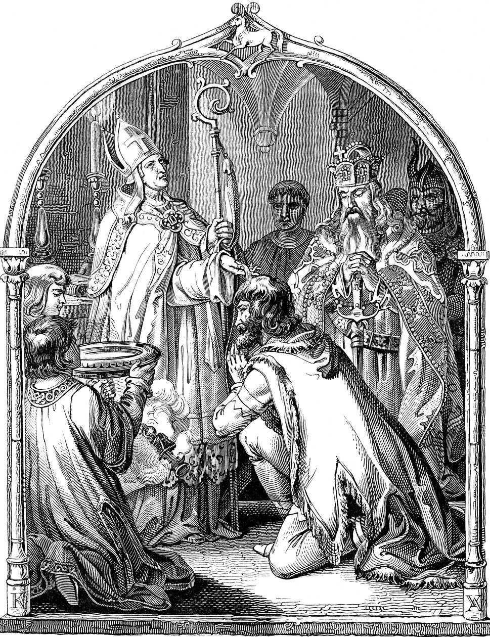 Baptism of Saxon Leader Widukind, Illustration from the Geschichte des deutschen Volkes by E. Duller, 1840 by Johann Jakob Kirchhoff