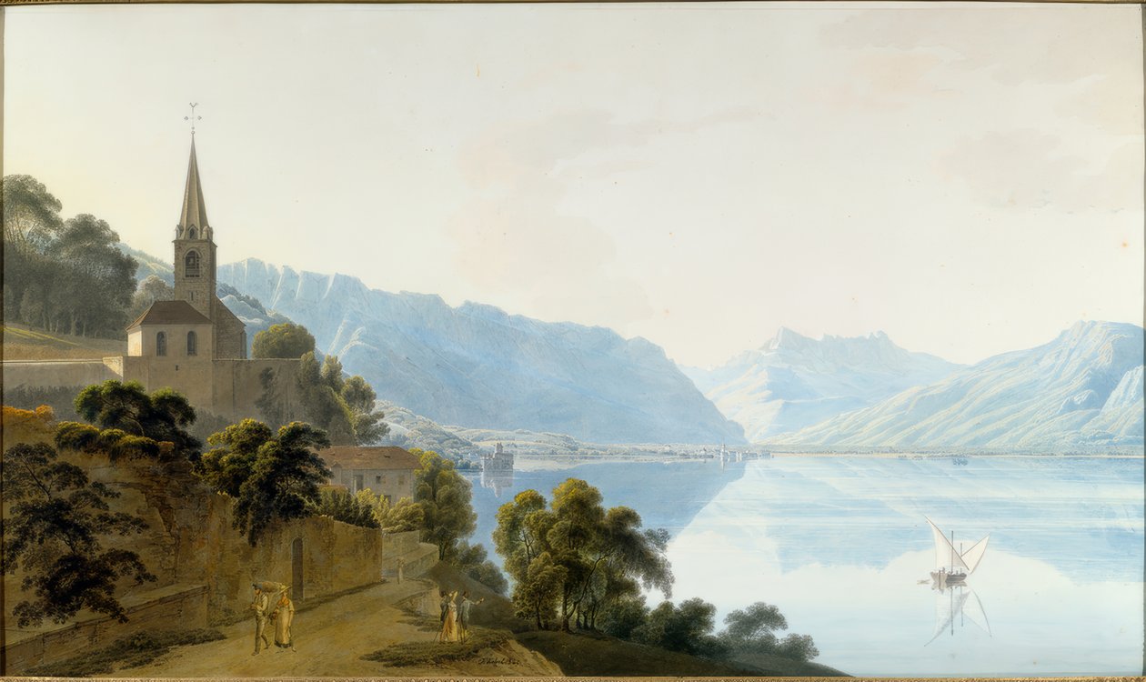 The Church of Les Planches, Chillon, Villeneuve and the Dents du Midi by Johann Jakob Wetzel