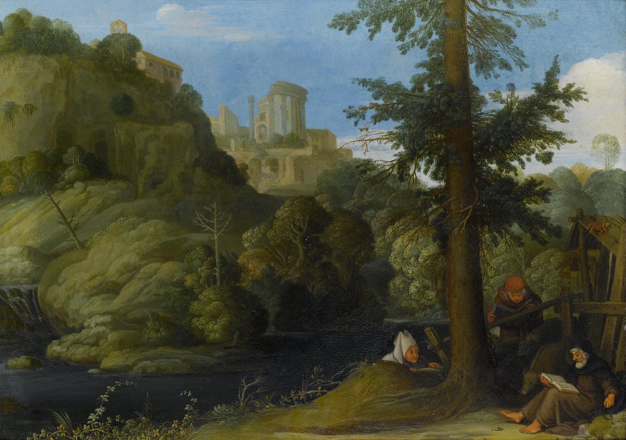 A Hermit with Two Travellers in a Wooded Landscape by Johann König