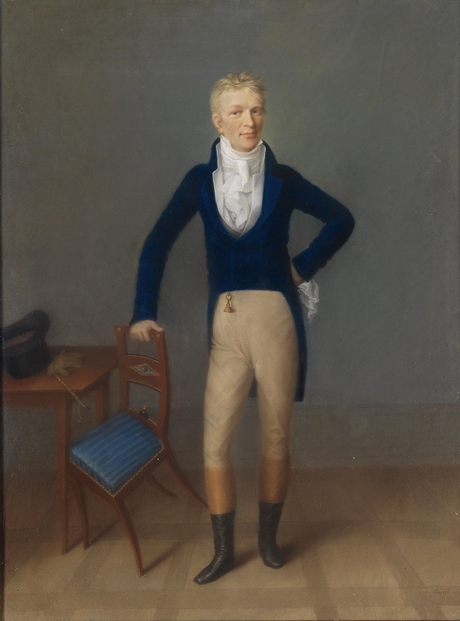 Portrait of a Blond Gentleman in Full Figure in Riding Costume, Leaning on a Chair by Johann Lorenz Kreul