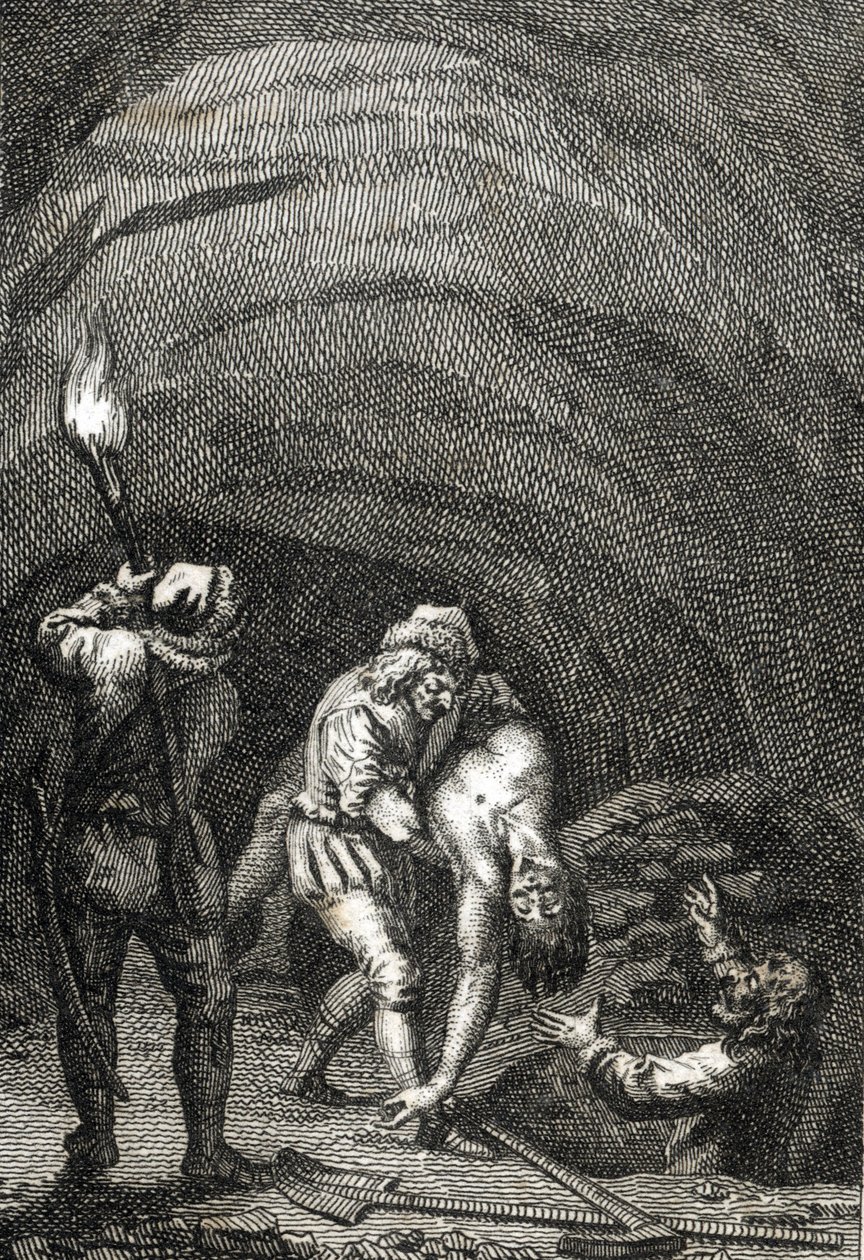 Death of William II of Holland killed by the Frisians, who secretly buried him under the floor of a house Engraving by Johann Michael Mettenleiter (1765-1853) 1800 Private collection by Johann Michael Mettenleiter
