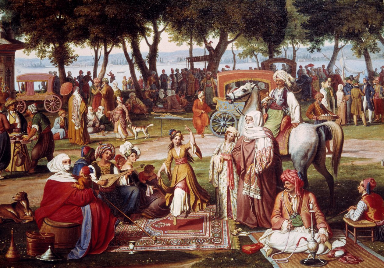 Freshwater Asia in Constantinople - Sweet living: group of men and women smoking, dancing (detail) by Johann Michael Wittmer