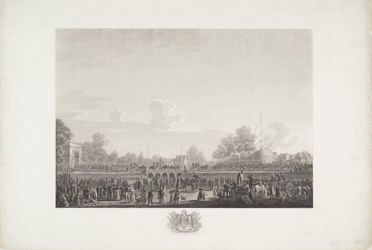 Arrival of King William I in Brussels, 1815 (series title: Twelve plates of the arrival and inauguration of William I in Brussels and the battles of Quatre-Bras and Waterloo in 1815) by Johann Nepomuk Gibèle