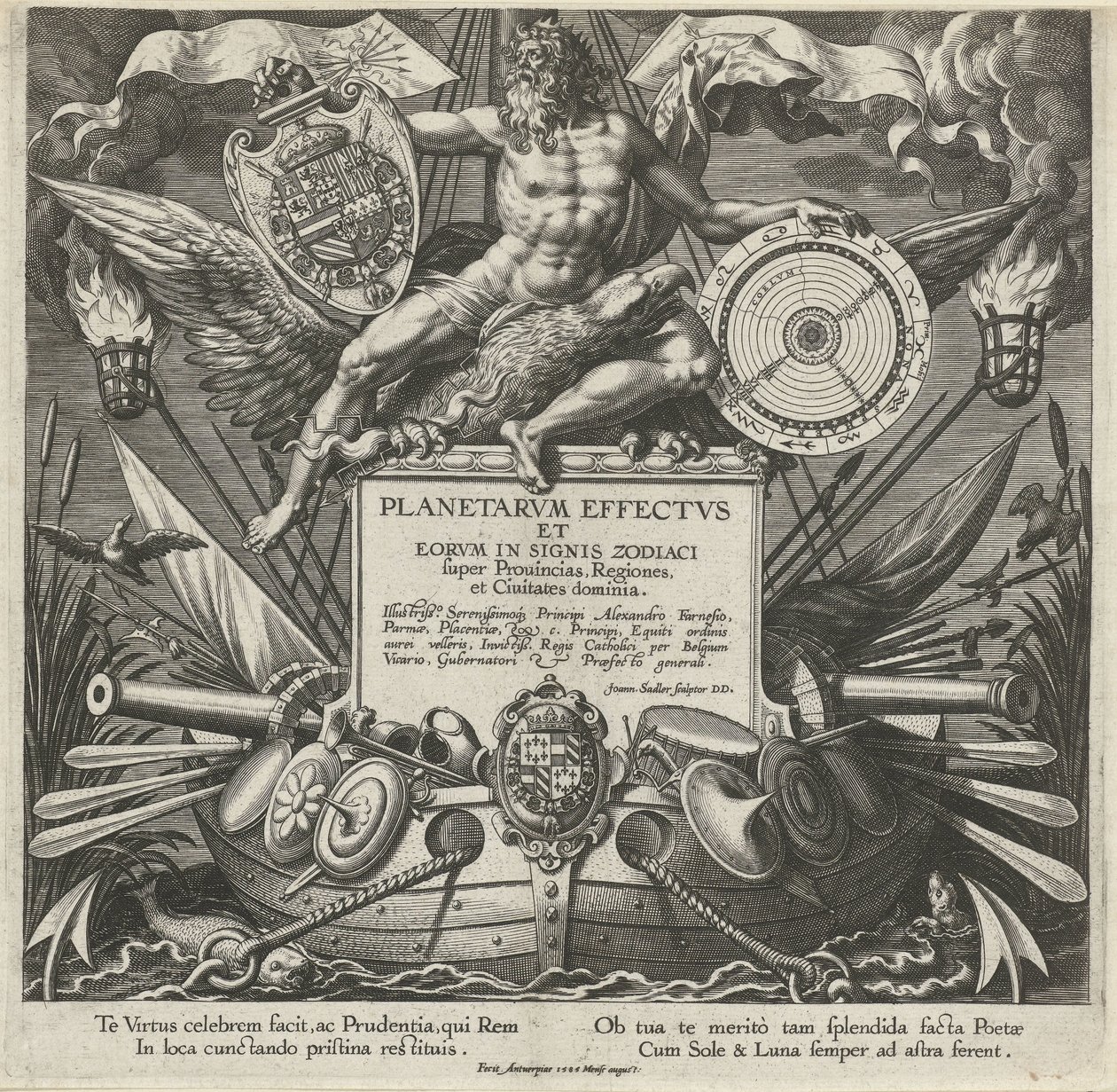 Jupiter and a Warship with the Coat of Arms of Alessandro Farnese, Title Page of a Print Series on the Influence of the Planets over Regions by Johann Sadeler (I)