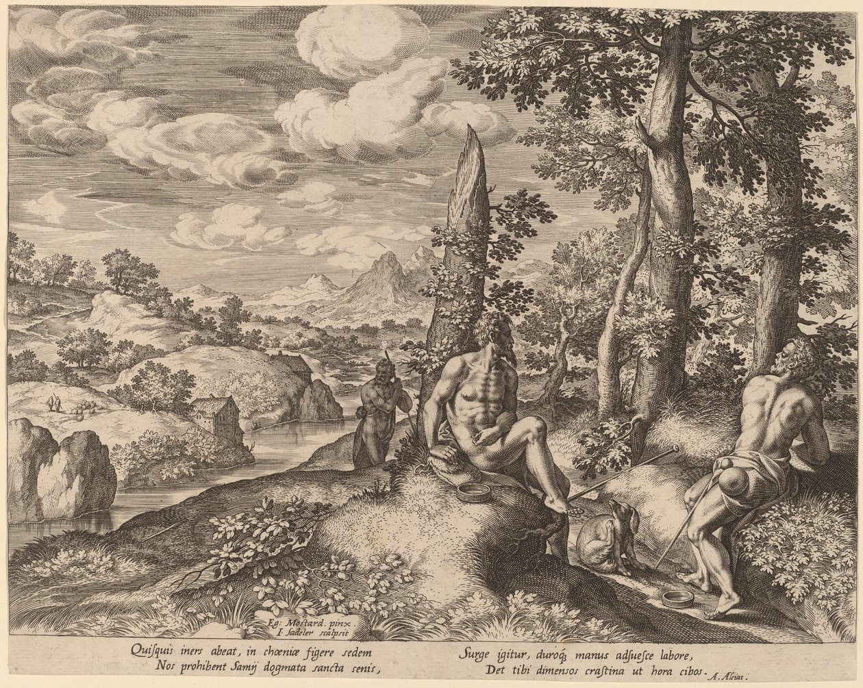 Landscape with Three Nude Men and a Dog by Johann Sadeler I