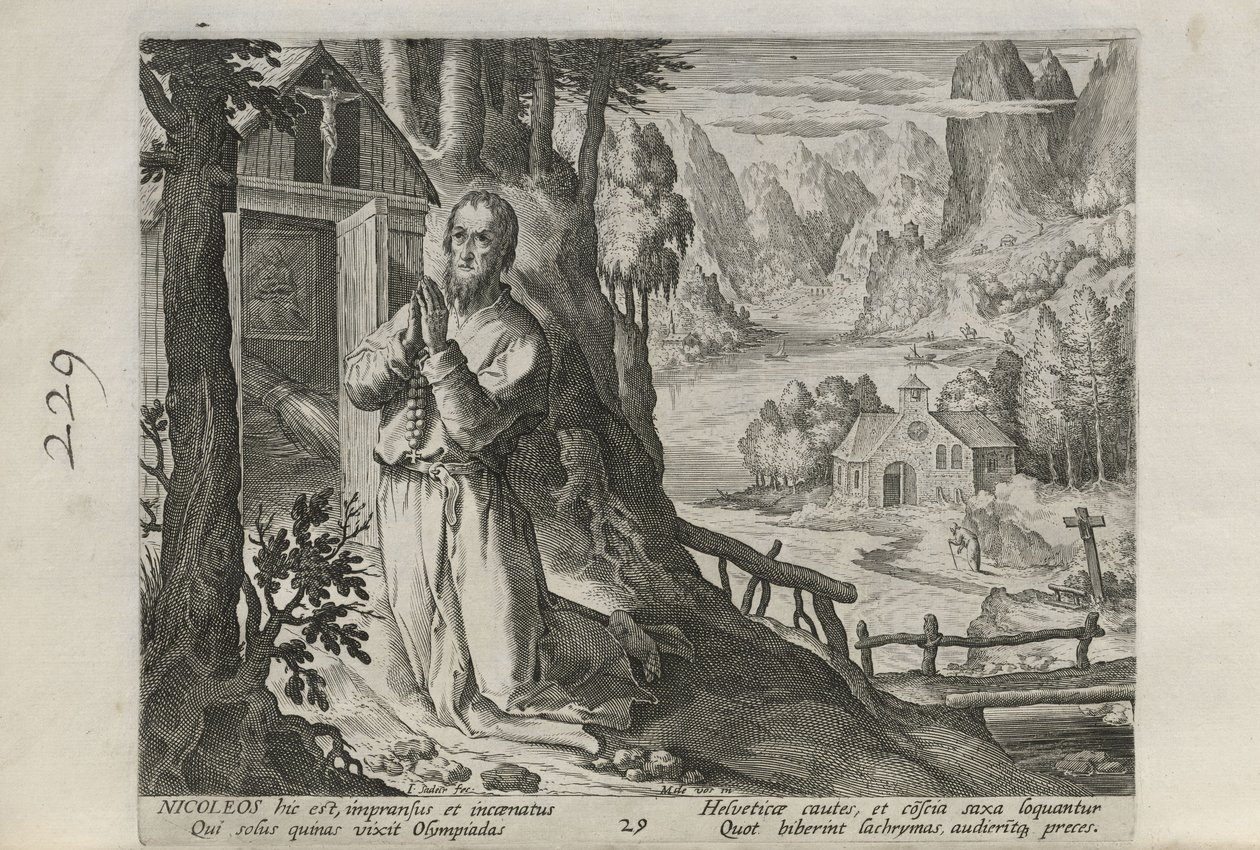 Nicoleos, plate 29 of 30 from the series Sylvae Sacrae (Hermits in Landscapes) by Johann Sadeler I