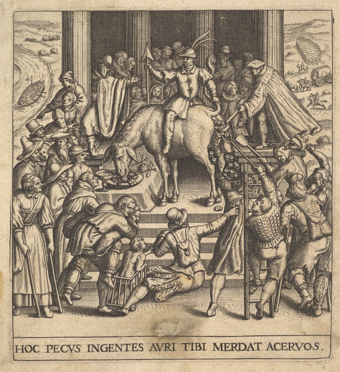 Men Collecting Dung Dropping from the Hindquarters of a Mule by Johann Theodor de Bry