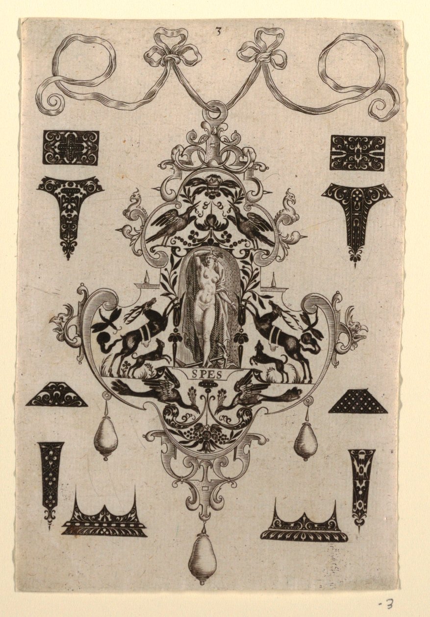 Pendant Design with the Virtue Hope, Plate 3, from a series of eight pendant designs with the cardinal virtues by Johann Theodor de Bry