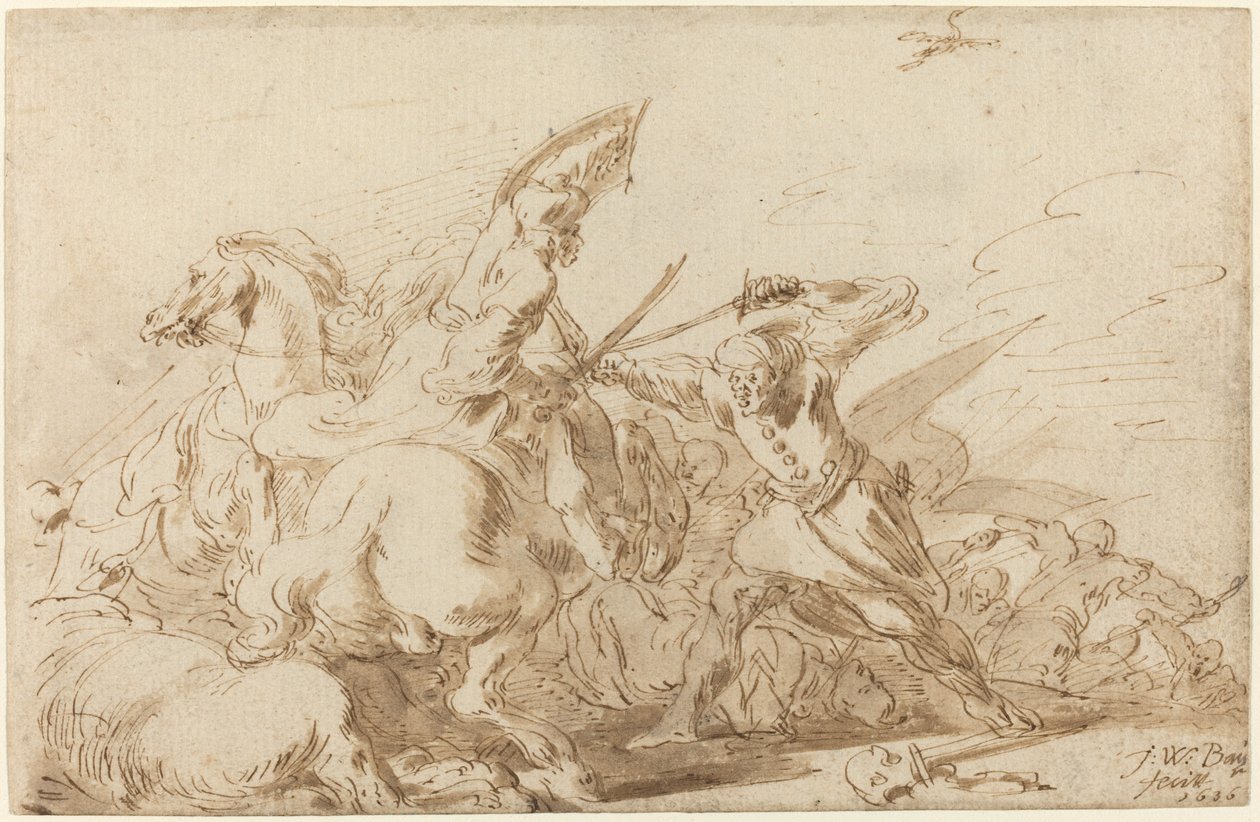 A Battle between Oriental Cavalry and Soldiers by Johann Wilhelm Baur