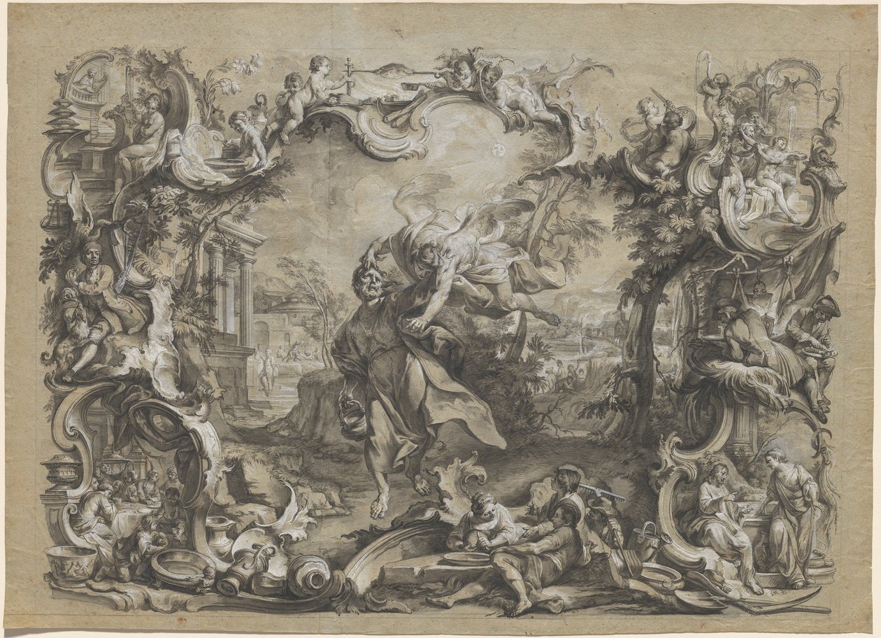 The Angel Carrying off Habakkuk by His Hair, Surrounded by an Elaborate Rococo Frame by Johann Wolfgang Baumgartner