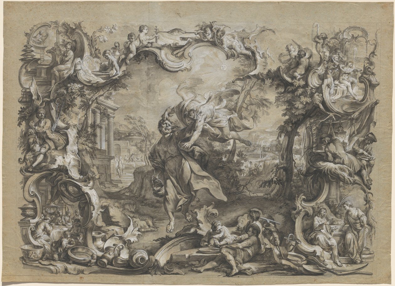 The Angel Carrying off Habakkuk by His Hair, Surrounded by an Elaborate Rococo Frame, c.1750 by Johann Wolfgang Baumgartner