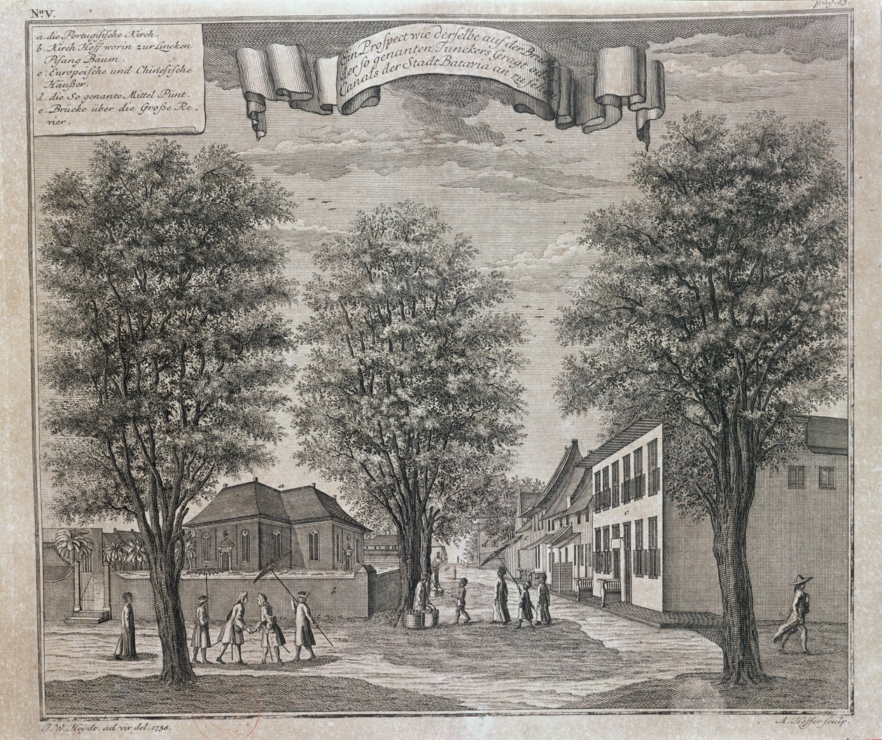 The Portuguese Church and Chinese and European houses in a street in Batavia, from a series of views of Batavia 