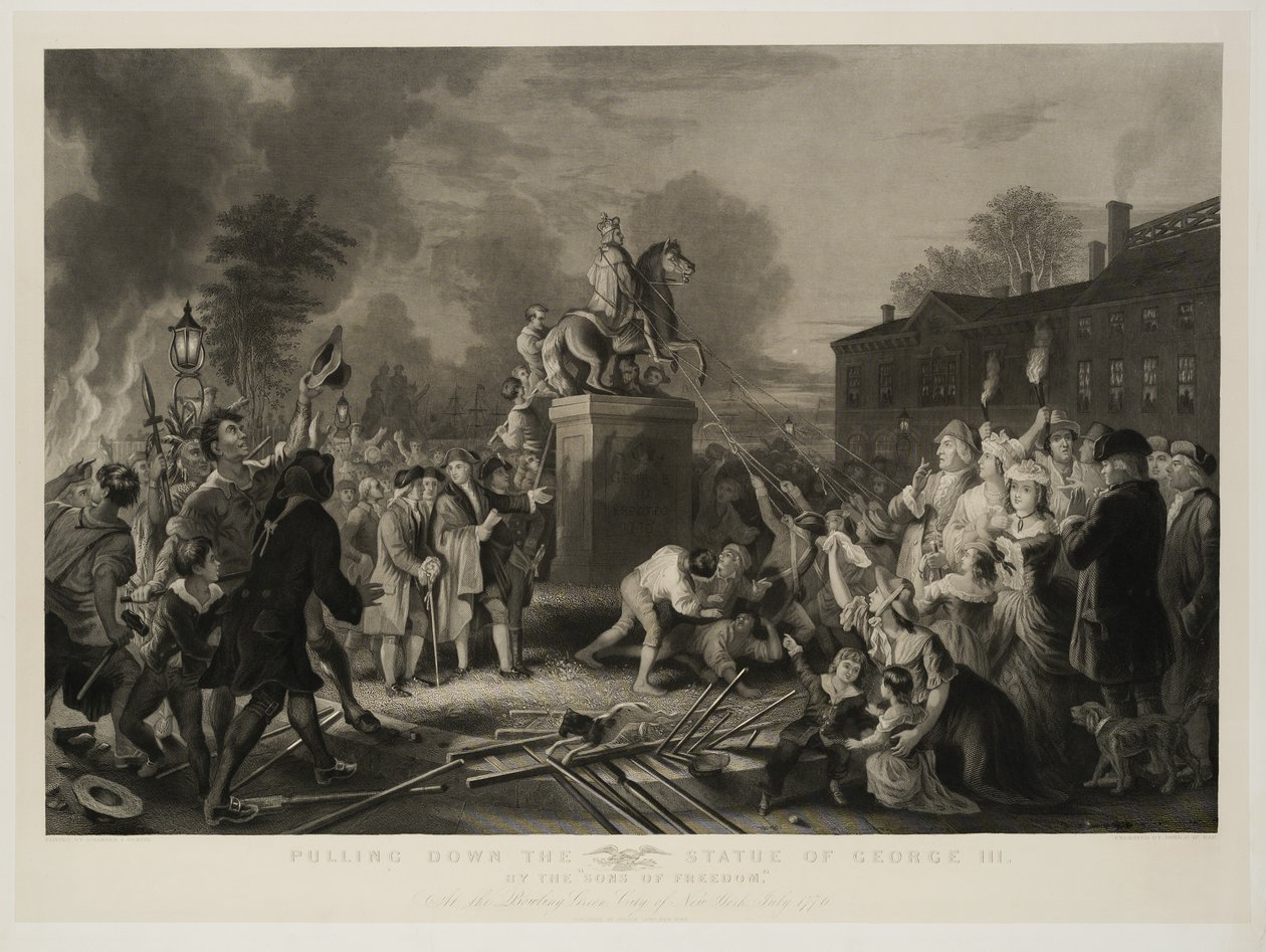 Pulling Down the Statue of George III, by the Sons of Freedom, At the Bowling Green, City of New York, July 1770, engraved by John C. McRae, after 1853 by Johannes Adam Simon Oertel