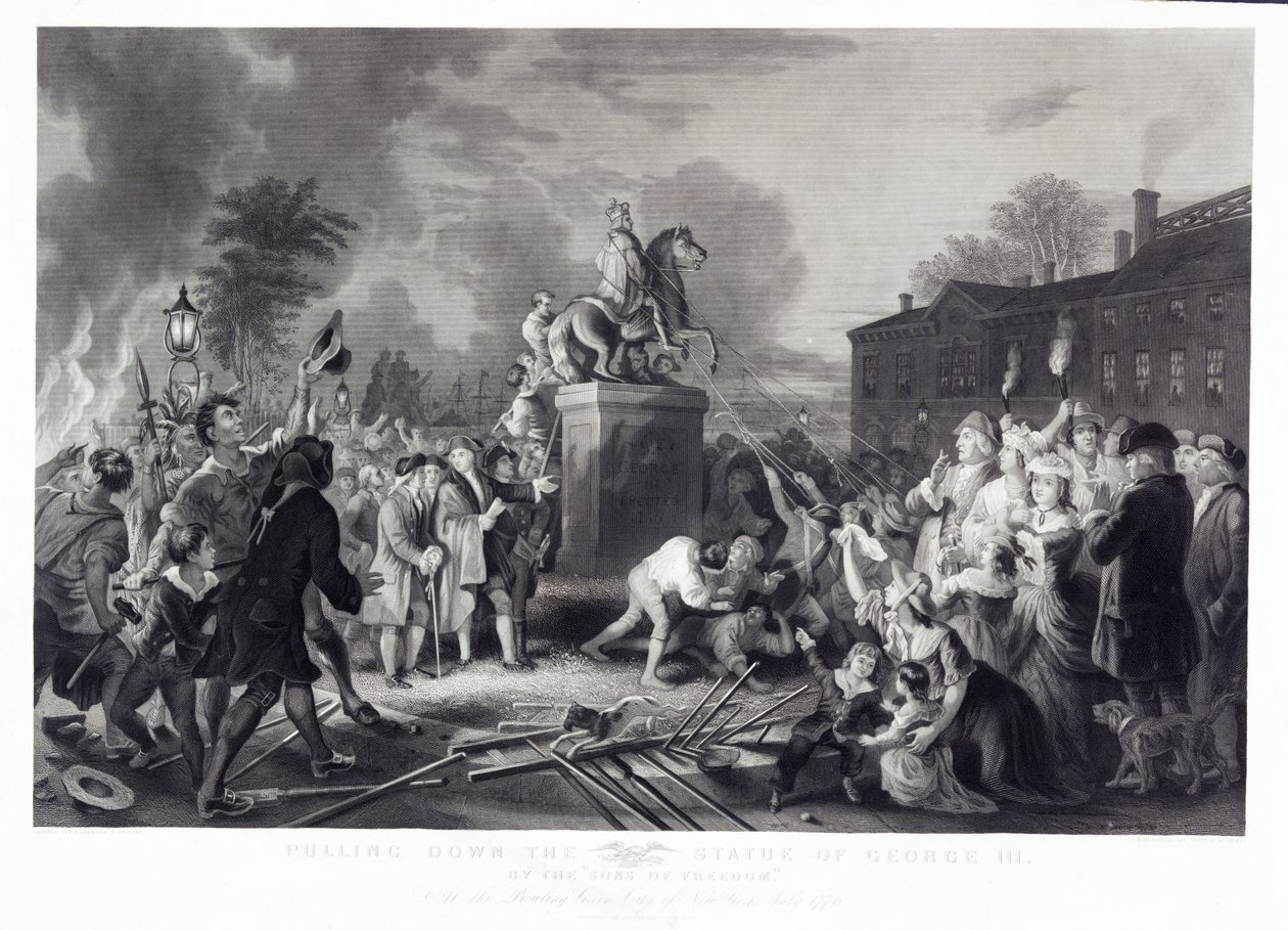 Pulling Down the Statue of George III by the Sons of Freedom, at the Bowling Green, City of New York, July 1776 by Johannes Adam Simon after Oertel