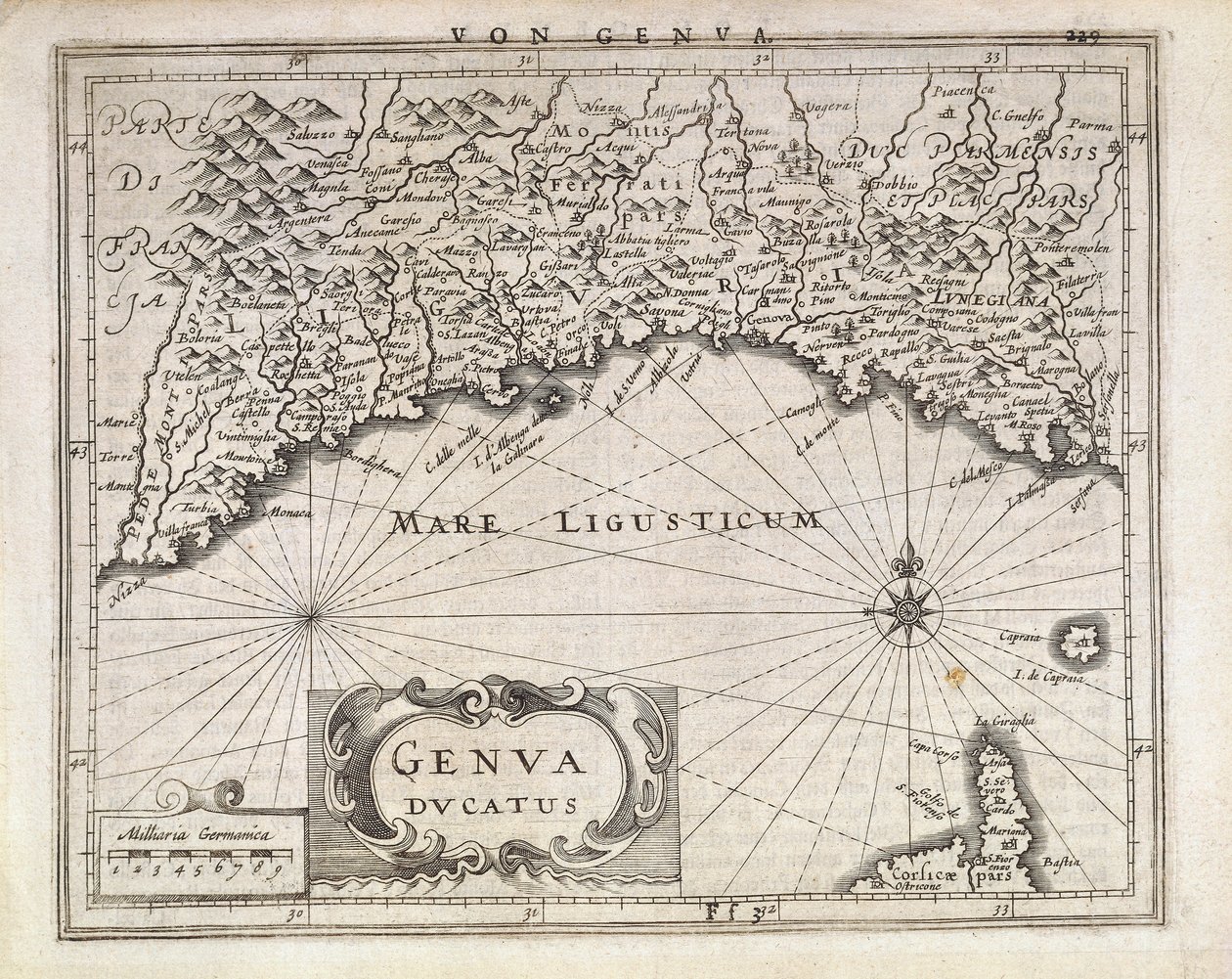 Duchy of Genoa, Map by Jan Baptist Vrients from German atlas, Copper engraving, half of the 17th century by Johannes Baptista Vrints