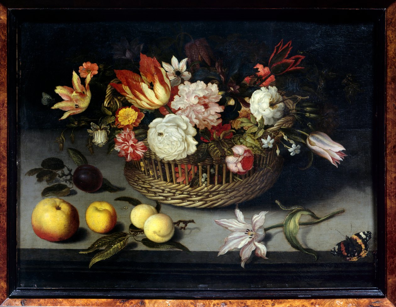 Flower Basket. Painting by Johannes Boschaert (1610-1628) by Johannes Bosschaert