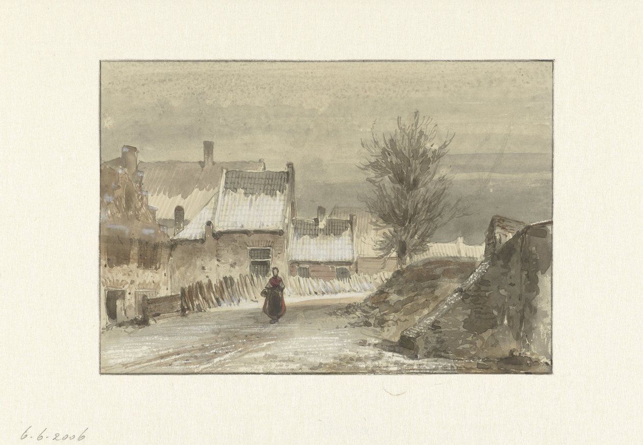 Winter Scene with Woman Standing on the Ice by Johannes Franciscus Hoppenbrouwers