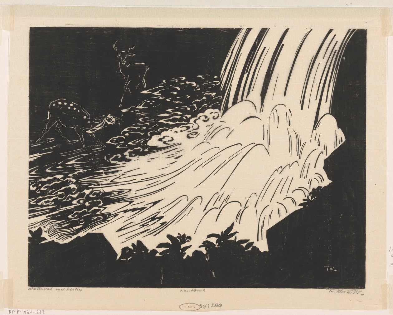 Waterfall with Deer by Johannes Frederik Engelbert ten Klooster (signed by artist)