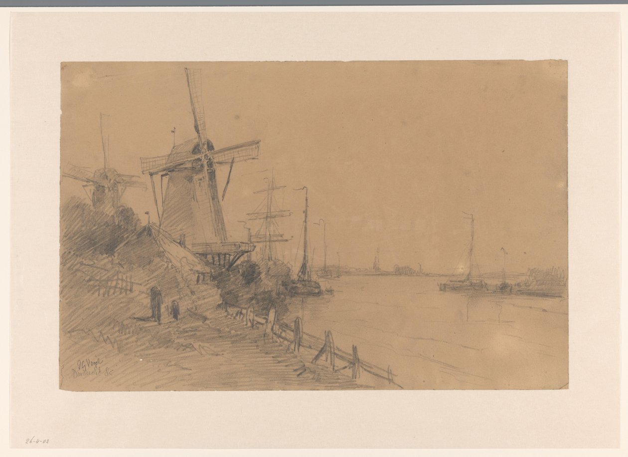 Mills Near Dordrecht Along the River with Ships by Johannes Gijsbert Vogel