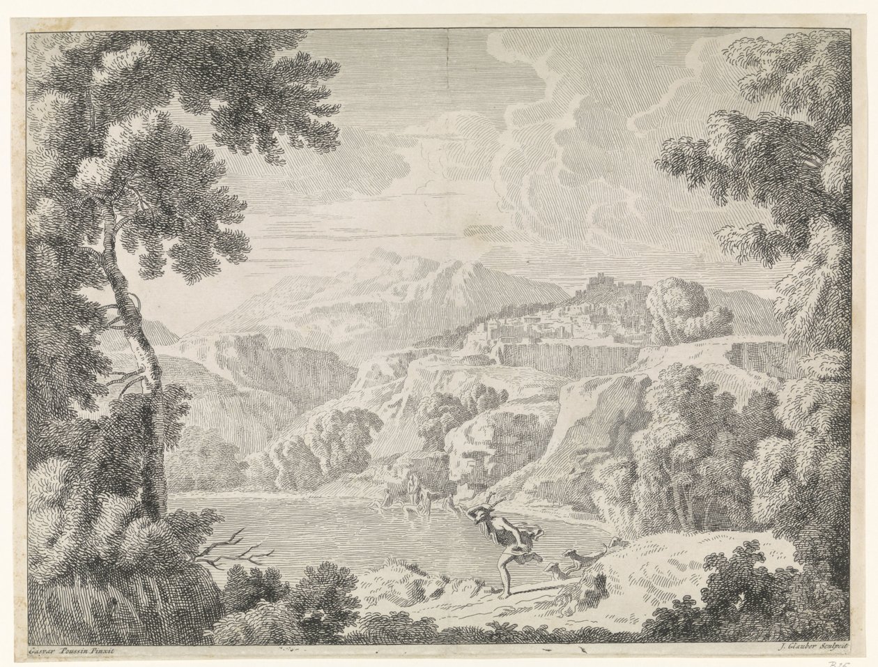 Actaeon Transformed into a Stag by the Bathing Diana, Landscapes after Gaspar Poussin (series title) by Johannes Glauber