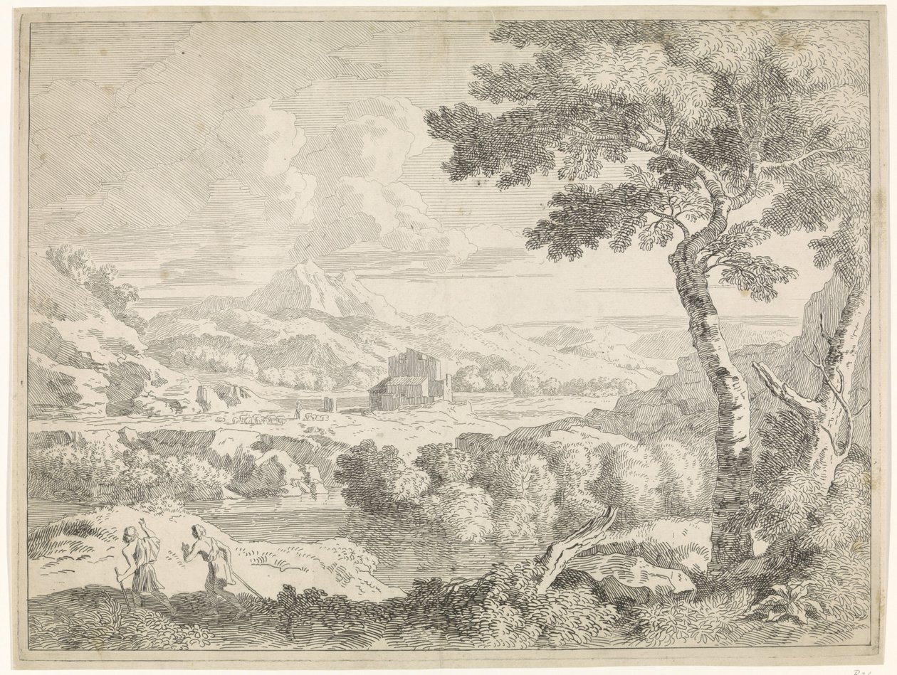Hilly Landscape with Shepherds (Landscapes after Gaspar Poussin) by Johannes Glauber