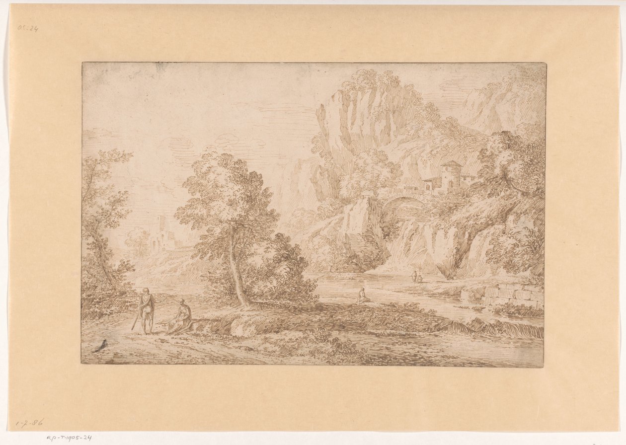 Mountain Landscape with a Bridge over a Waterfall by Johannes Glauber