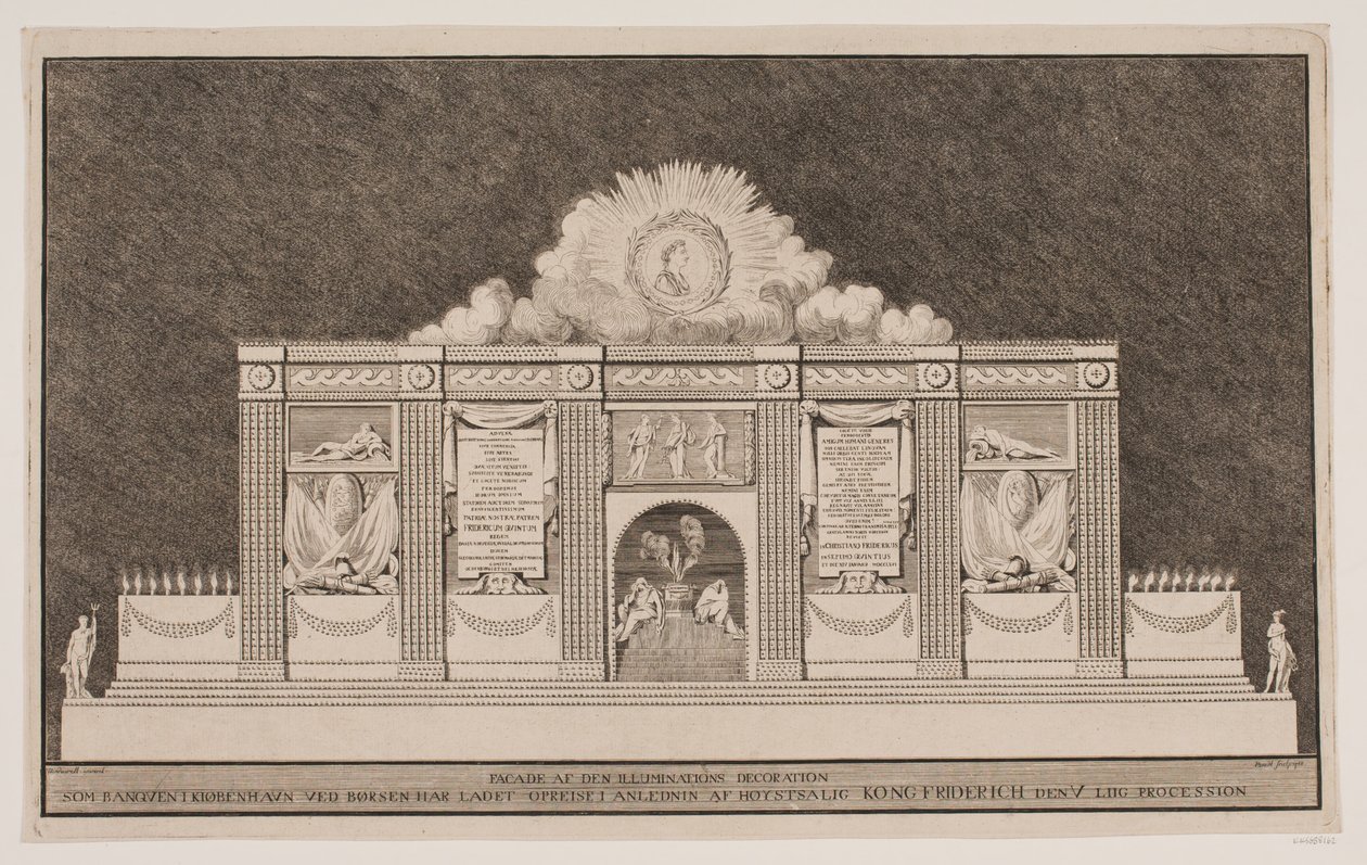 "Facade of the Illumination Decoration Erected by the Banquet in Copenhagen at the Stock Exchange on the Occasion of the Funeral Procession of the Late King Frederick V" by Johannes Gottfred Bradt