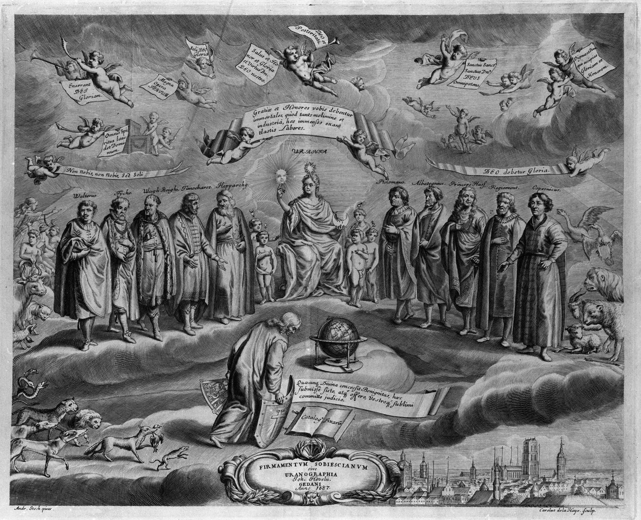 The famous astronomers. Among them, from left to right: Walterus, Tycho Brahe, Ulugh Beg, Timocharis of Alexandria by Johannes Hevelius