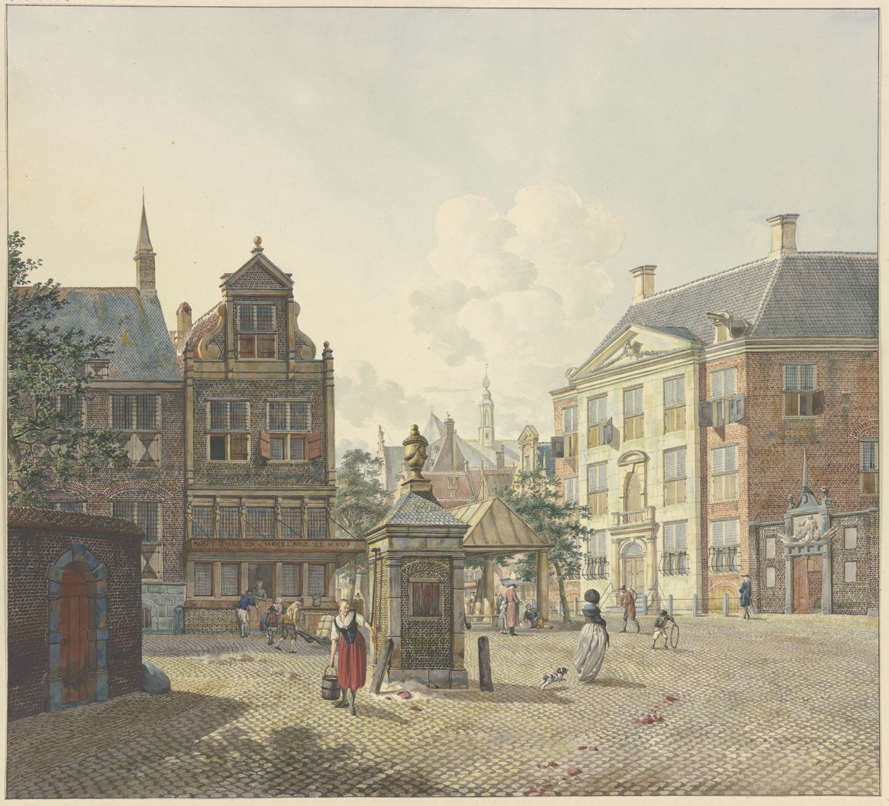 On an Open Square a Fountain House, with a Maid in a Red Skirt and a Bucket by Johannes Huibert Prins