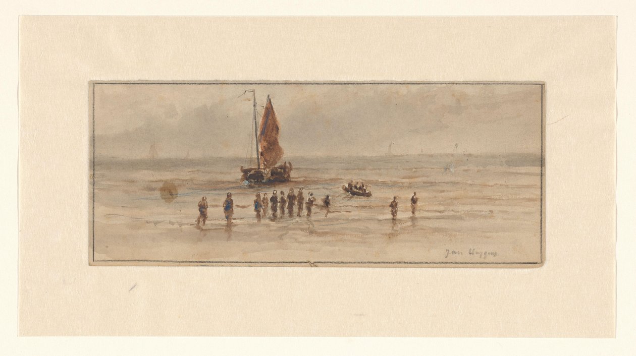 Beach Scene with Fishermen and Sailing Ship by Johannes Huygens (signed by artist)