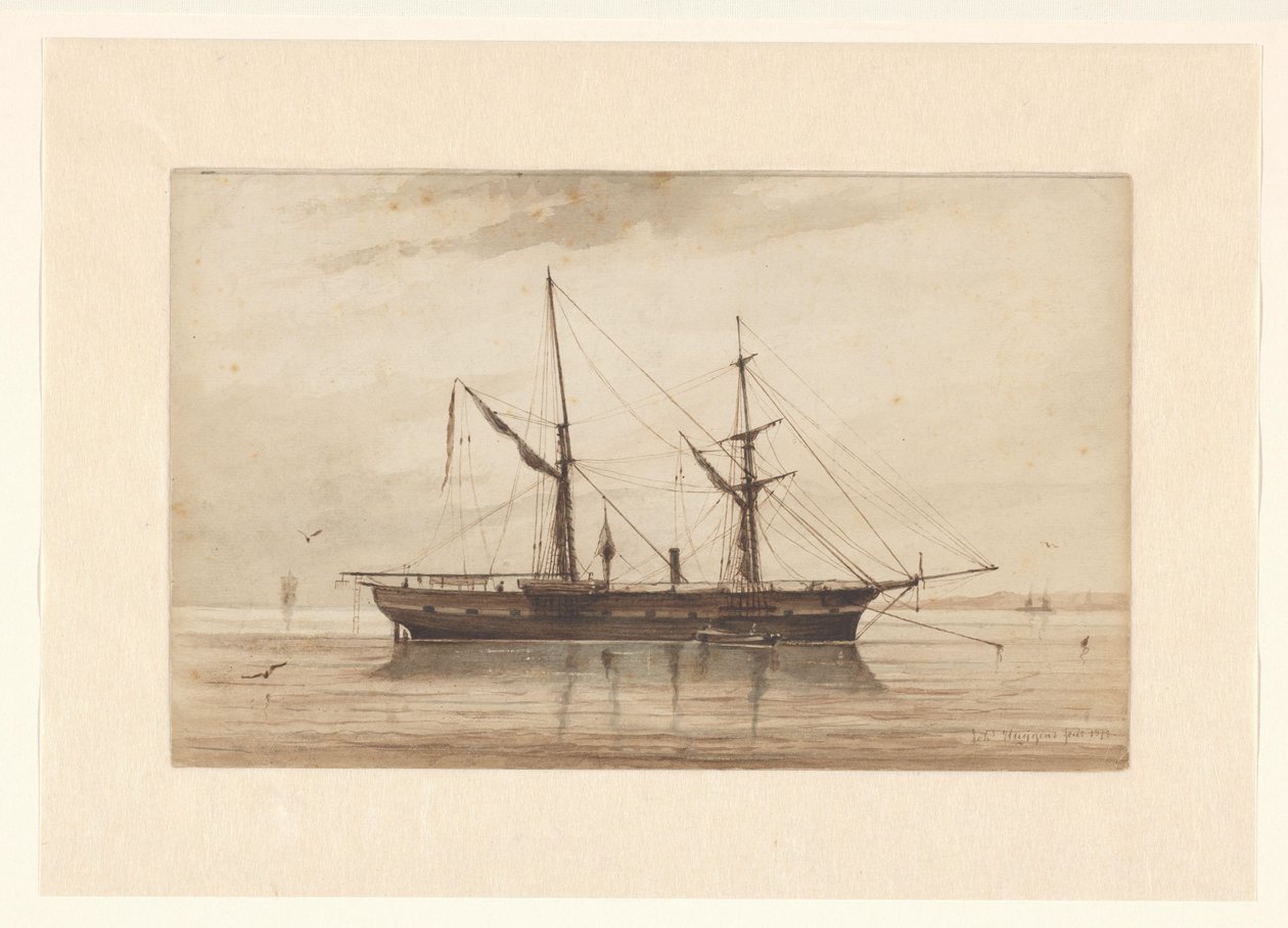 Sailing Ship Anchored in Calm Water by Johannes Huygens (signed by artist)