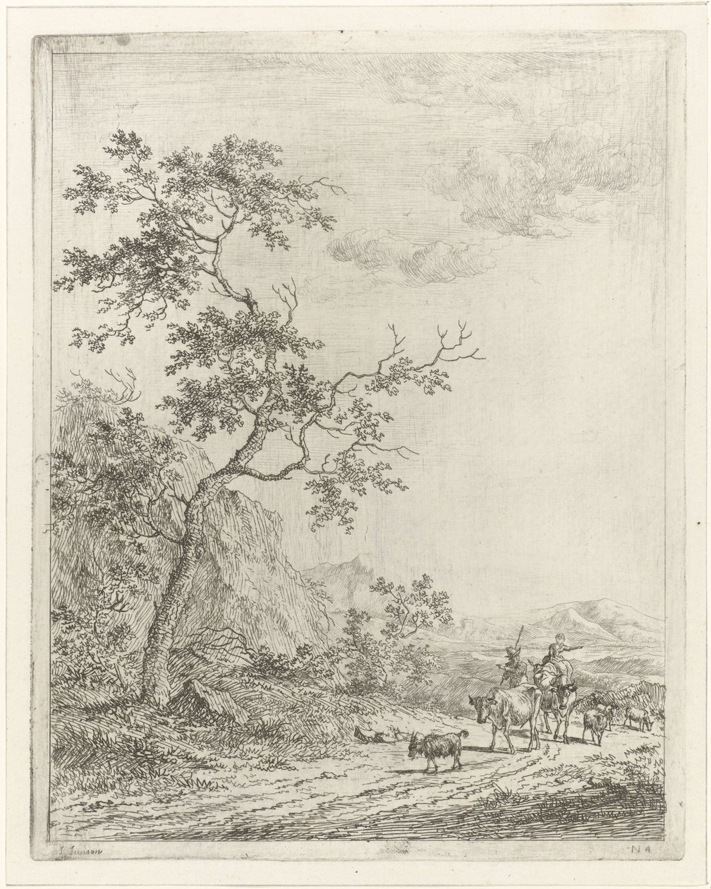 Mountainous Landscape with Shepherd, Shepherdess, and Cattle by Johannes Janson