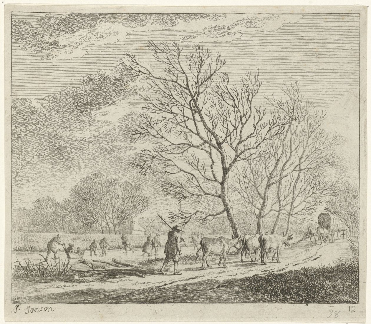 Winter Landscape with Cows and Skaters by Johannes Janson