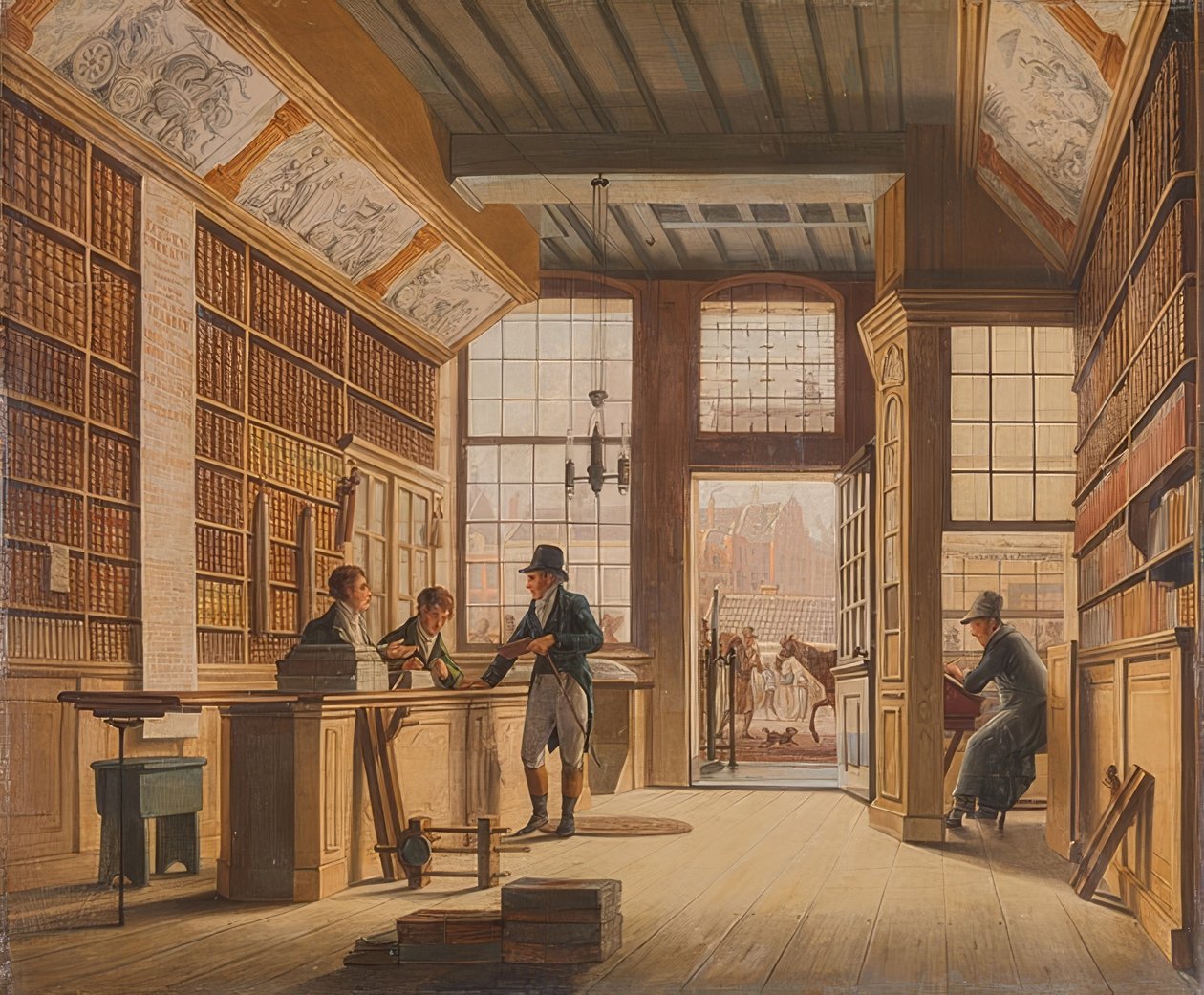The Bookshop of Pieter Meijer Warnars at Vijgendam in Amsterdam by Johannes Jelgerhuis