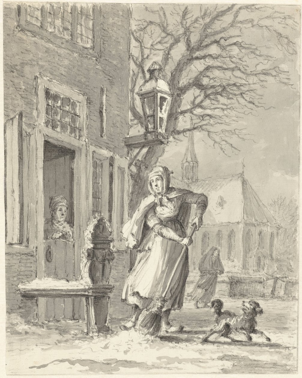 A Maid Clearing Snow in Front of a House by Johannes Jelgerhuis