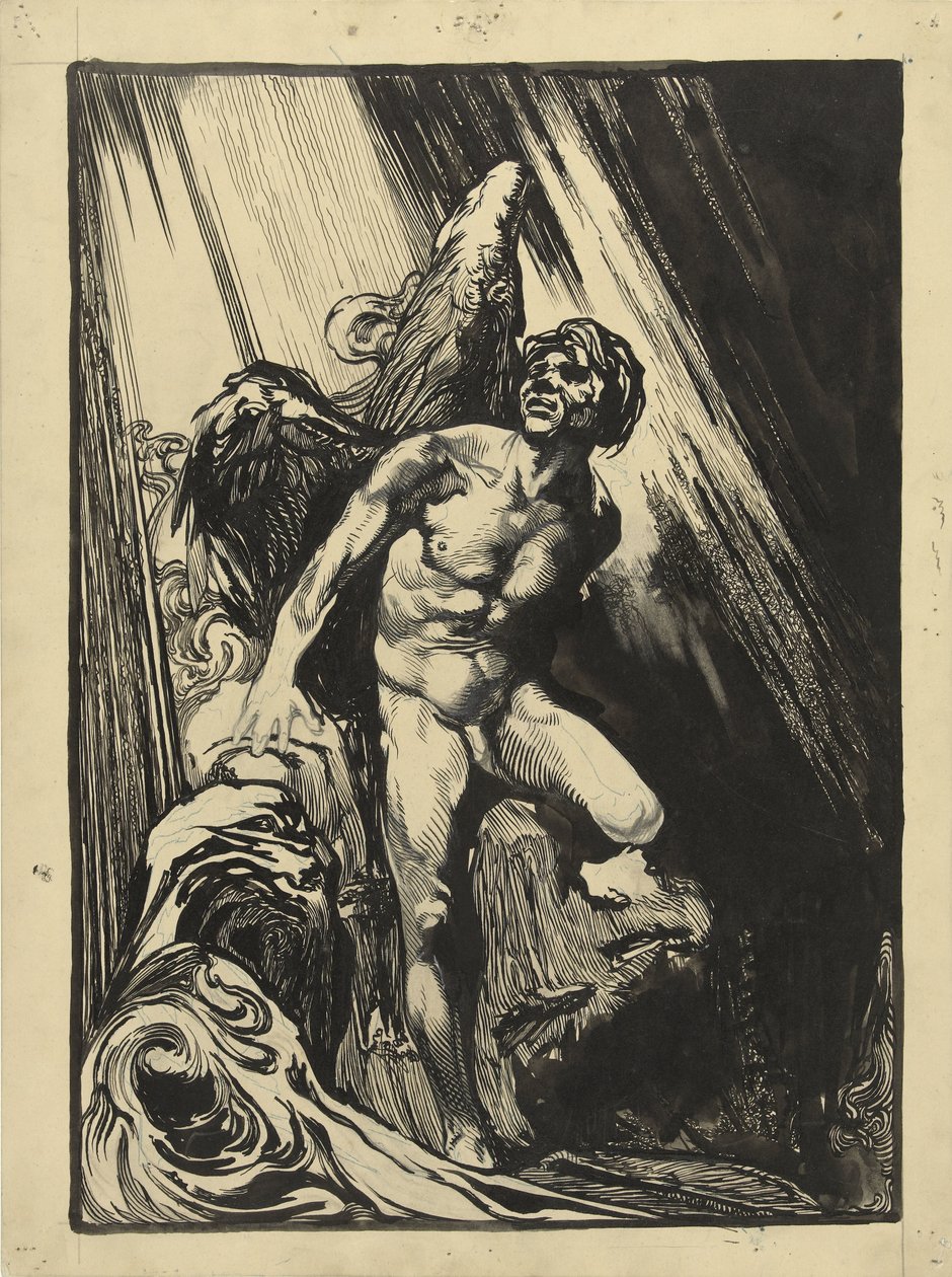 Lucifer in a Rocky Landscape by a Stream, Looking Up at the Light by Johannes Josephus Aarts