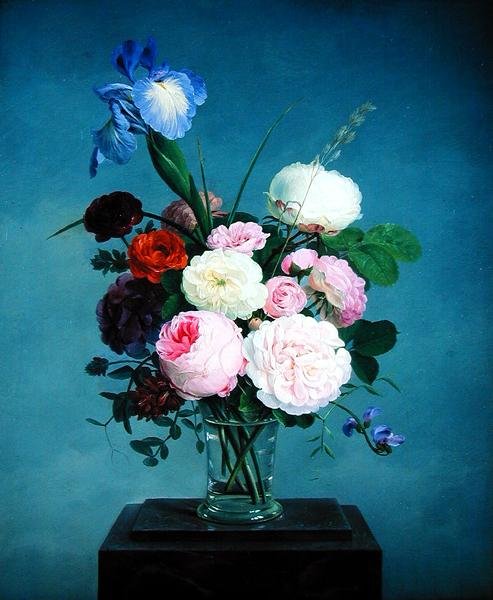 Roses and an Iris in a Glass Vase on a Marble Plinth by Johannes Ludwig Camradt